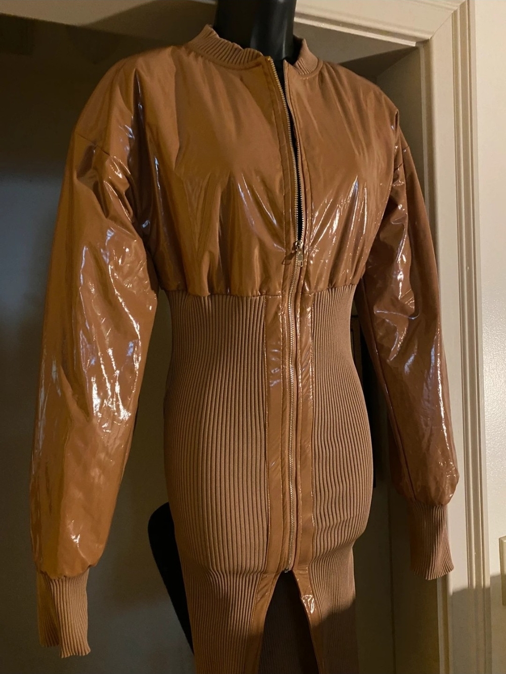 Glossy Tan Bomber Jacket Dress - Women